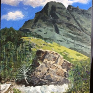 Glacier National Park, July 2019. After the initial four hour outdoor session, later in the studio I added lighter lights, darker darks, and more chroma, resulting in a more pleasing final product. I intend to do more Plein Air works in the future. Glacier National Park, July 2019