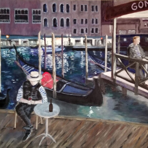 "Gondola Break, Venice" 16 x 20 2017
This was actually I scene I walked by however I took artistic license by substituting a wine glass for his cell phone.