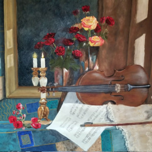 "Still Life with Violin and Roses" 24 x 30 2015
I learned a lot while doing this one, about color mixing, light source, and ... roses are hard!