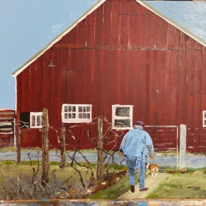 "Pup Leads the Way" 9 X 12 Oil on Board. This is a portrait of my Grandfather, M Lester Kurtz. 1895 - 1974. He was a farmer, family man, auctioneer, WW I veteran.