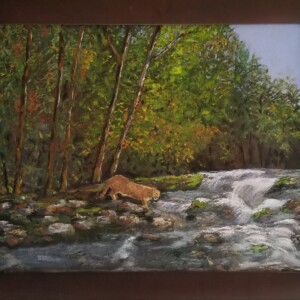 "Thirsty Cat" 16 x 20 , 2022. I learned a lesson on this one, I almost threw the canvas away, after a crappy effort at doing waterfalls shortly after I started painting. After reworking it 10 years later I think I made it somewhat presentable.