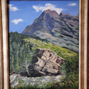 "Glacier National Park" 16 x 20, 2022 I have improved this original Plein Air scene by correctly rendering the distance mountain and taking the value (lightness vs. dark) UP in the foreground rocks. - The prior version is shown next for comparison.