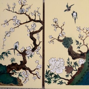 Two Scenes interpreted from Chinese vases (Qing Dynasty, late 18th Century) at the Metropolitan Museum of Art in NY - 6 x 12, oil on panel , 2024