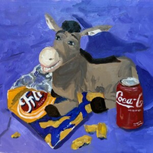 "Still Life with Donkey and Fritos" 11 x 14, 2024
yes it's the Donkey from Shrek, and he talks!