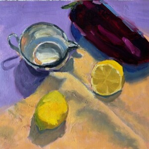 "Still Life with Lemons and Eggplant" oil on panel, 11 x 14 2024.
another "loose still life"